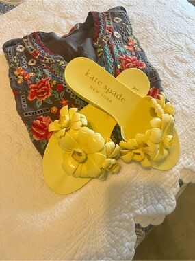 kate spade Yellow Floral Applique Slide Sandals
